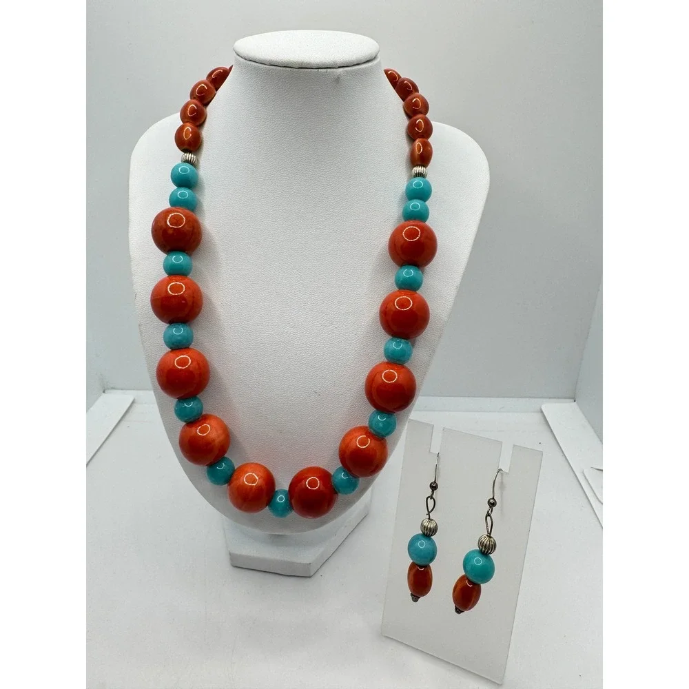 Southwestern Beaded Necklace and Earring Set Orange Turquoise Statement 18in